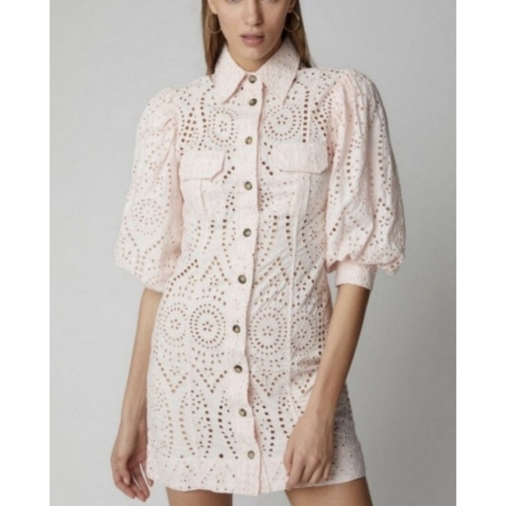 GANNI Broderie Anglaise Eyelet Mini Dress Balloon Sleeves Size 42 US 10/12 NWOT